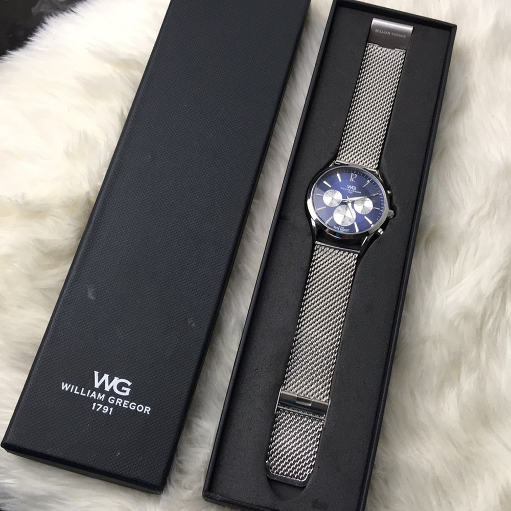 Mens William Gregor blue dial mesh band wristwatch